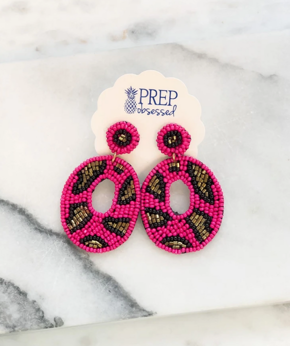 Hot Pink Leopard Beaded Earrings