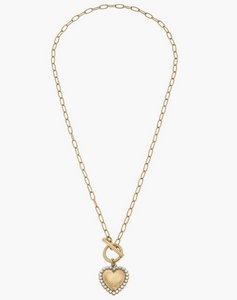 Molly Pearl Studded Heart T-Bar Necklace in Worn Gold