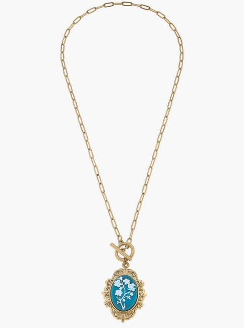 Sparky Floral Cameo Pendant T-Bar Necklace in Wedgwood Blue